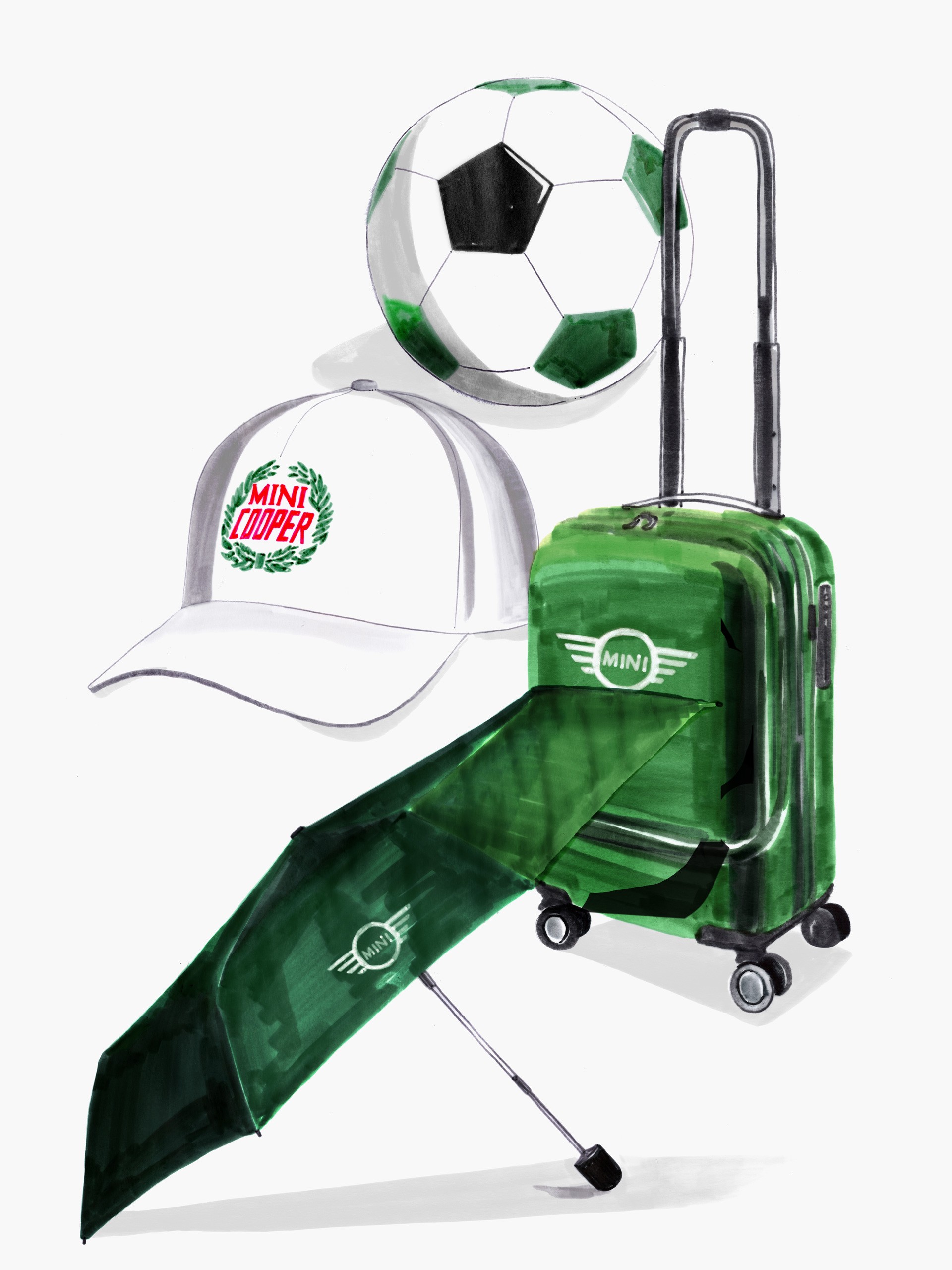 Illustrations of a wheeled suitcase in BRG, of an umbrella in dark green, and also a cap and a football adorned by green as an accent colour. Everything except the dark green umbrella is from the MINI Lifestyle Anniversary Collection in 2019.